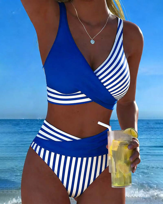 Delphantine™ — Stribet bikini med vikletop og høj talje, sommerglød