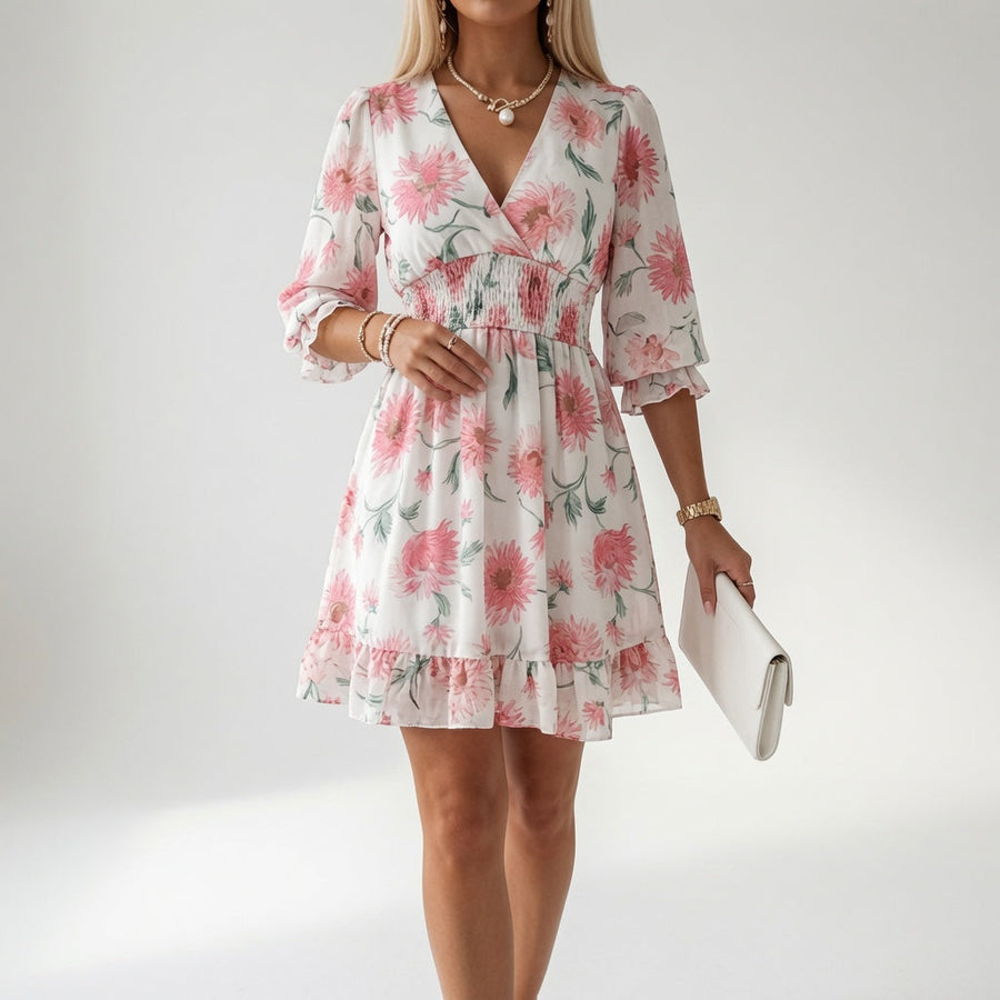 Églantine™ — Kort blomstret kjole med smock-talje