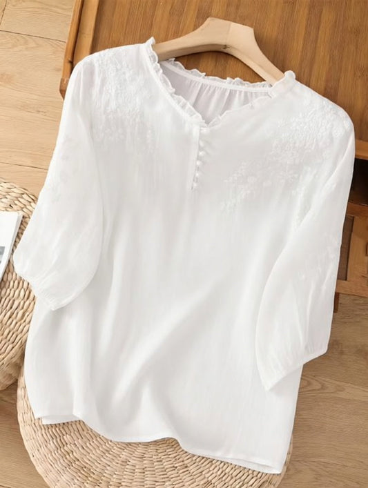 Éléna™ — Elegant broderet bluse i hørblanding